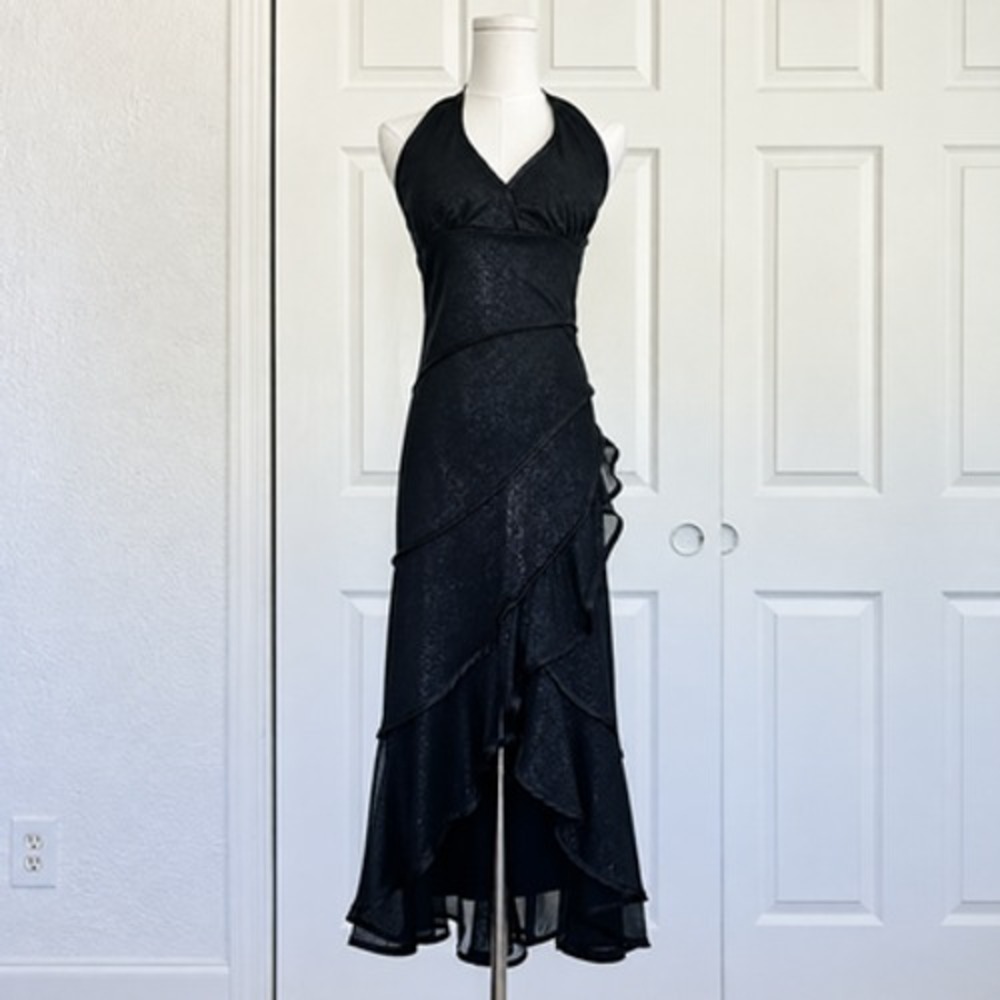 La Belle Black Halter Ruffle Hi Low Maxi Dress Womens M Y2K Style